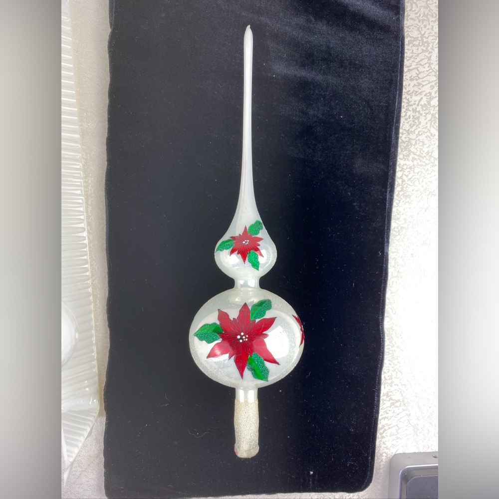 Vintage Tree Pinnacle Top Red Poinsettias Poland Blown White Glass Hand Crafted